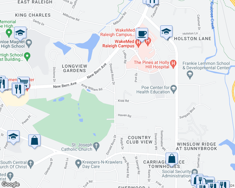 map of restaurants, bars, coffee shops, grocery stores, and more near 231 Donald Ross Drive in Raleigh