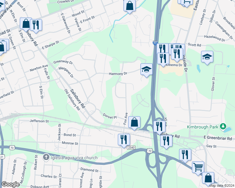 map of restaurants, bars, coffee shops, grocery stores, and more near 607 Foxcroft Terrace in Statesville