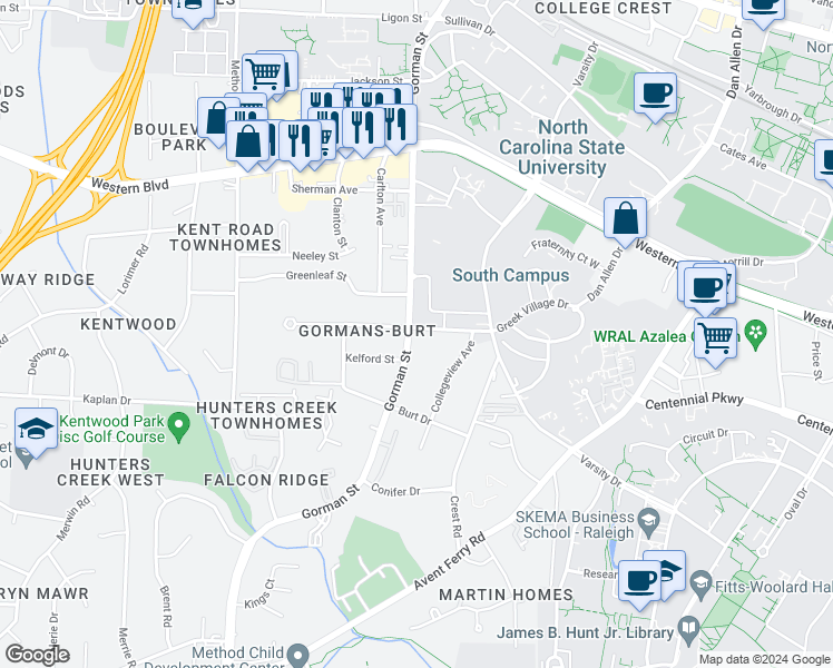 map of restaurants, bars, coffee shops, grocery stores, and more near 3621 Marcom Street in Raleigh