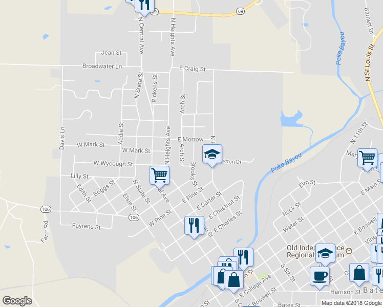 map of restaurants, bars, coffee shops, grocery stores, and more near 1095 Brooks Street in Batesville