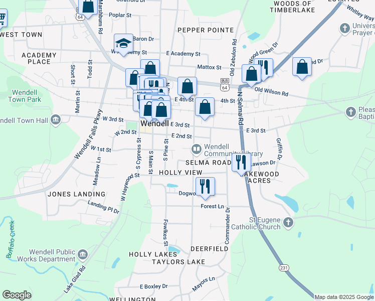 map of restaurants, bars, coffee shops, grocery stores, and more near 107 Kemp Street in Wendell