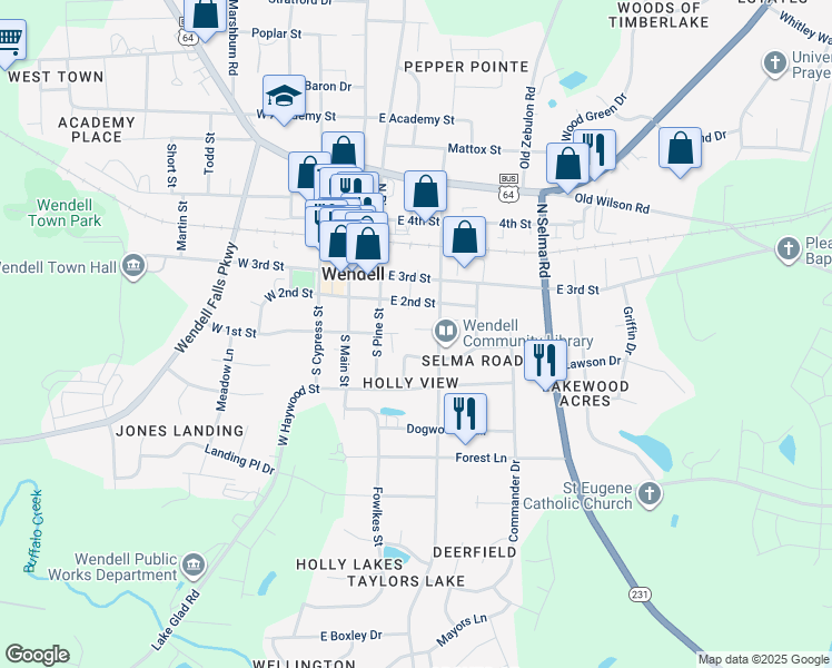 map of restaurants, bars, coffee shops, grocery stores, and more near 107 Kemp Street in Wendell