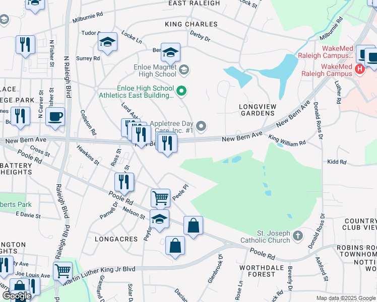 map of restaurants, bars, coffee shops, grocery stores, and more near 101 Farris Court in Raleigh