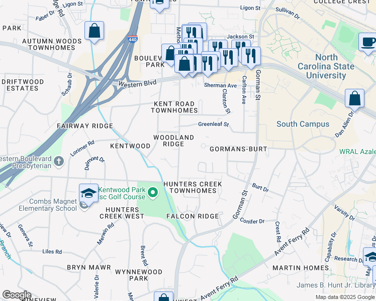 map of restaurants, bars, coffee shops, grocery stores, and more near 1317 Kent Road in Raleigh