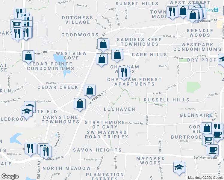 map of restaurants, bars, coffee shops, grocery stores, and more near 907 West Chatham Street in Cary