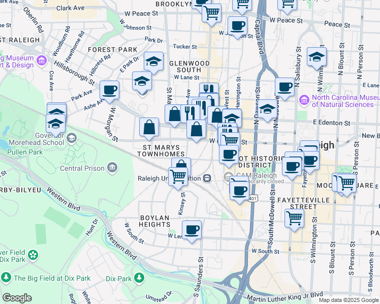 map of restaurants, bars, coffee shops, grocery stores, and more near 121 South Boylan Avenue in Raleigh