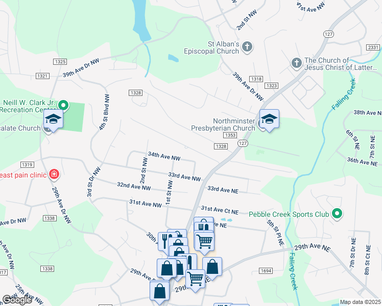 map of restaurants, bars, coffee shops, grocery stores, and more near 63 35th Avenue Northwest in Hickory