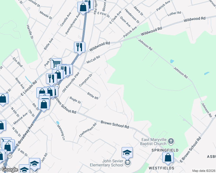 map of restaurants, bars, coffee shops, grocery stores, and more near 2221 Compton Drive in Maryville