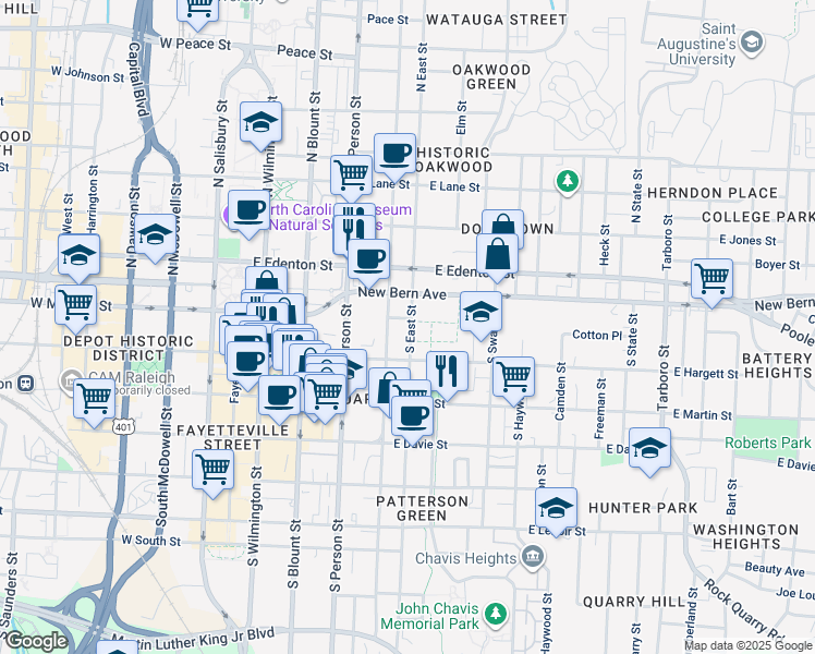 map of restaurants, bars, coffee shops, grocery stores, and more near 118 South East Street in Raleigh