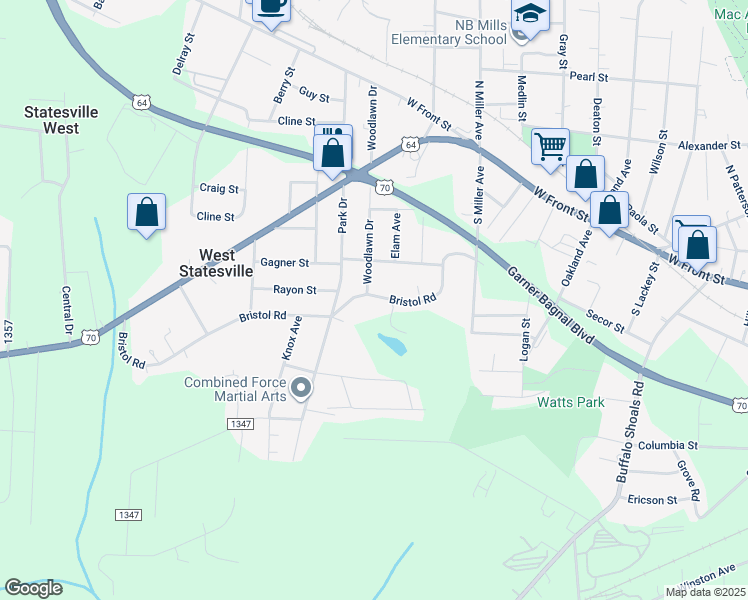 map of restaurants, bars, coffee shops, grocery stores, and more near 1731 Bristol Road in Statesville
