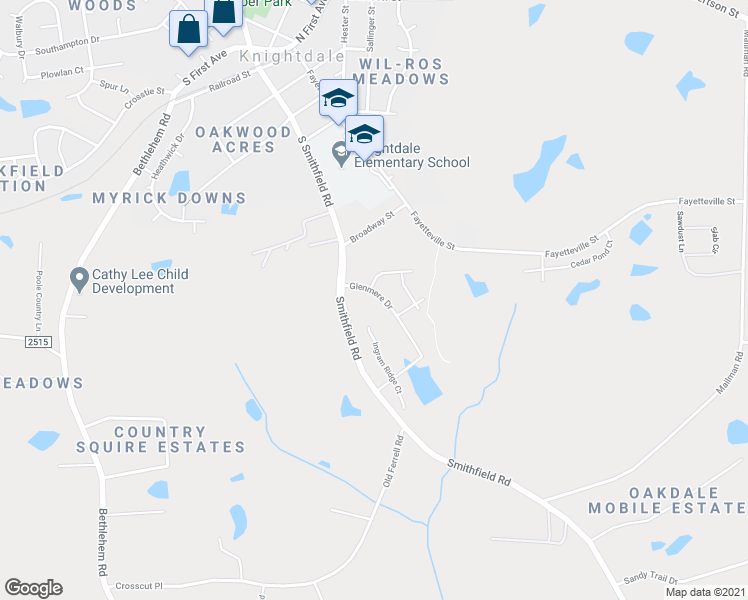 map of restaurants, bars, coffee shops, grocery stores, and more near 625 Glenmere Drive in Knightdale