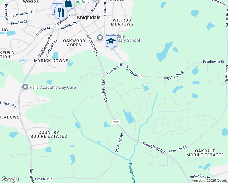 map of restaurants, bars, coffee shops, grocery stores, and more near 625 Glenmere Drive in Knightdale