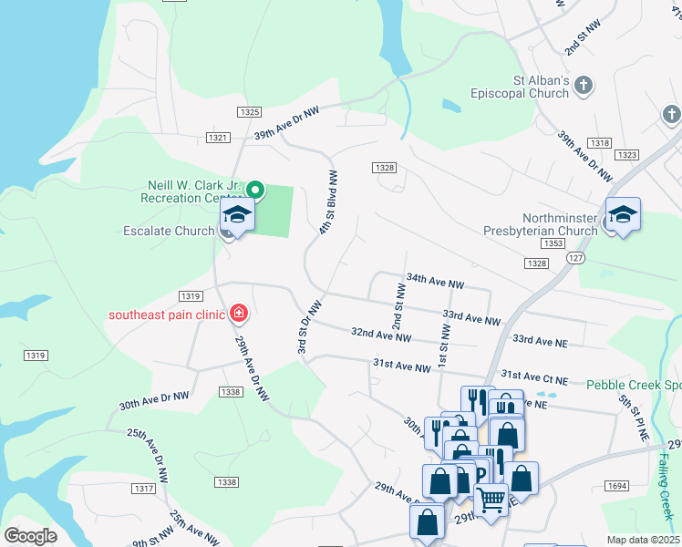 map of restaurants, bars, coffee shops, grocery stores, and more near 3332 3rd Street Drive Northwest in Hickory