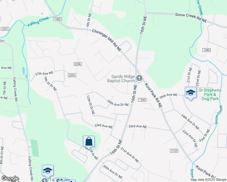 map of restaurants, bars, coffee shops, grocery stores, and more near 3621 14th Street Northeast in Hickory