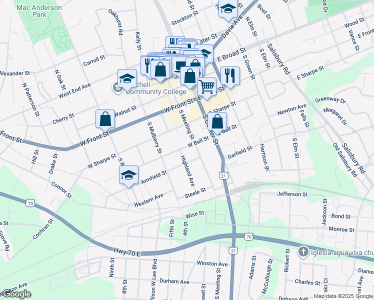 map of restaurants, bars, coffee shops, grocery stores, and more near 219 West Bell Street in Statesville