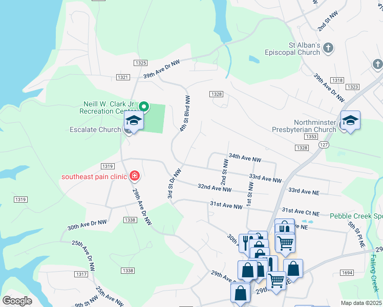 map of restaurants, bars, coffee shops, grocery stores, and more near 3332 3rd Street Drive Northwest in Hickory