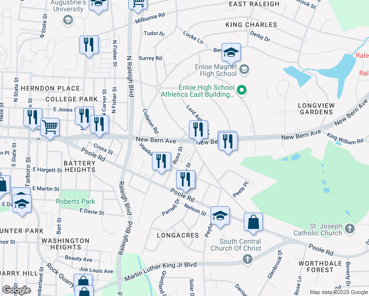 map of restaurants, bars, coffee shops, grocery stores, and more near 101 Russ Street in Raleigh