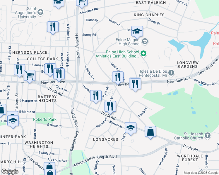 map of restaurants, bars, coffee shops, grocery stores, and more near 101 Russ Street in Raleigh