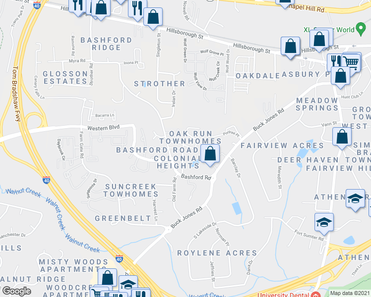 map of restaurants, bars, coffee shops, grocery stores, and more near 643 Oak Run Drive in Raleigh