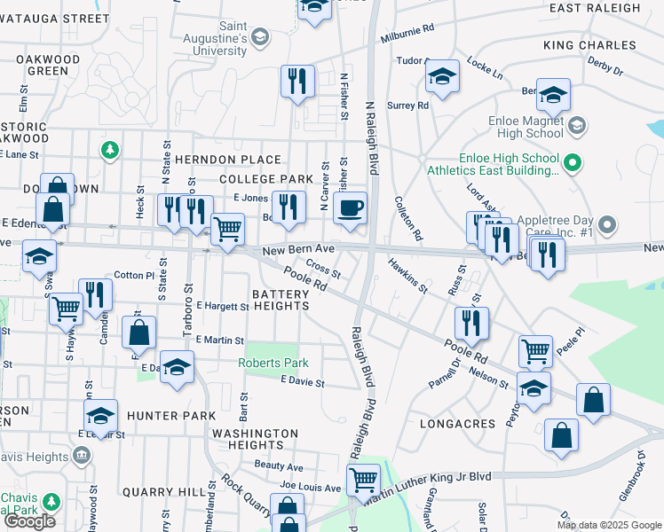 map of restaurants, bars, coffee shops, grocery stores, and more near 15 South Fisher Street in Raleigh