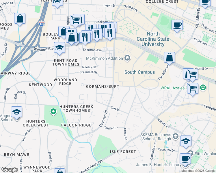 map of restaurants, bars, coffee shops, grocery stores, and more near 3800 Marcom Street in Raleigh
