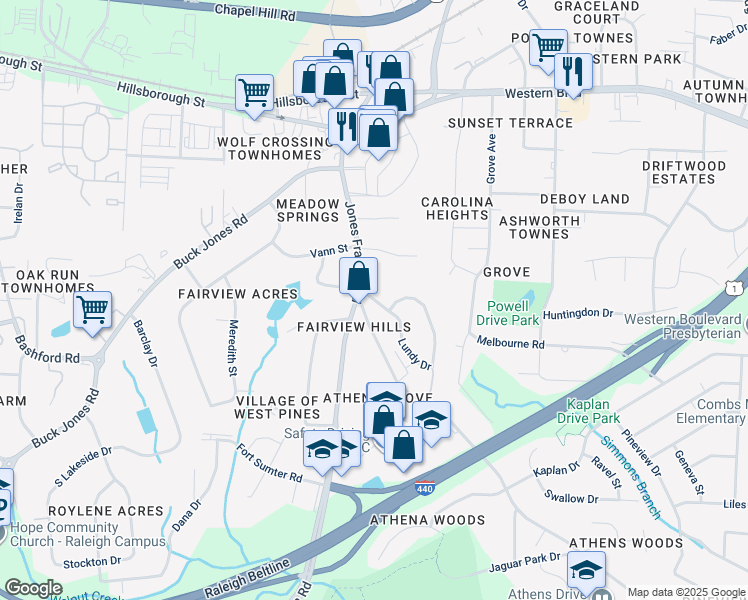 map of restaurants, bars, coffee shops, grocery stores, and more near 5138 Lundy Drive in Raleigh