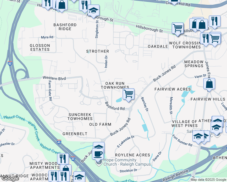 map of restaurants, bars, coffee shops, grocery stores, and more near 643 Oak Run Drive in Raleigh