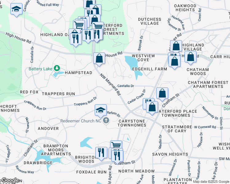 map of restaurants, bars, coffee shops, grocery stores, and more near 813 Northwest Maynard Road in Cary
