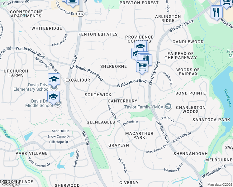 map of restaurants, bars, coffee shops, grocery stores, and more near 112 Riva Trace Drive in Cary