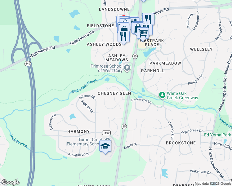 map of restaurants, bars, coffee shops, grocery stores, and more near 110 Branchway Road in Cary