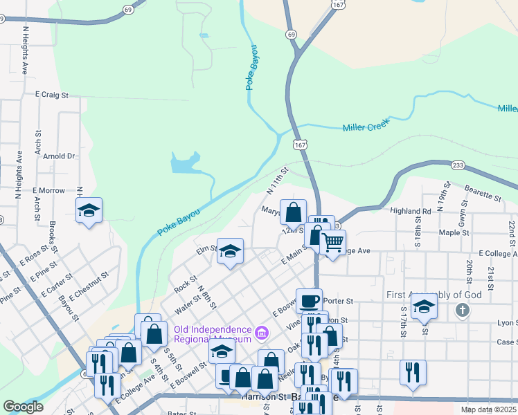 map of restaurants, bars, coffee shops, grocery stores, and more near North 11th Street in Batesville