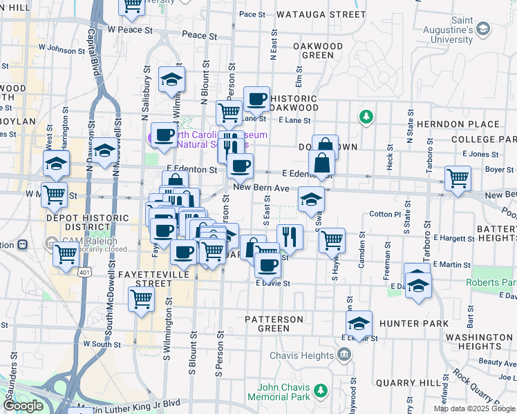 map of restaurants, bars, coffee shops, grocery stores, and more near 15 South Bloodworth Street in Raleigh