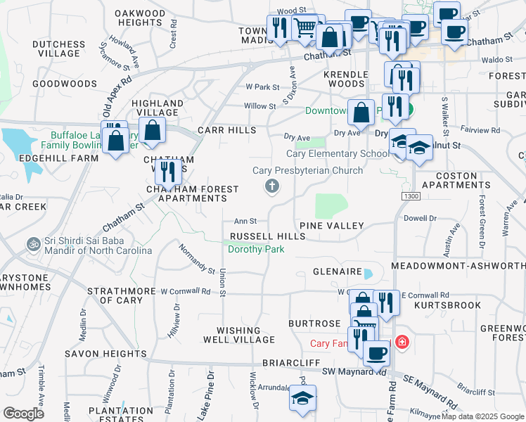 map of restaurants, bars, coffee shops, grocery stores, and more near 622 Griffis Street in Cary