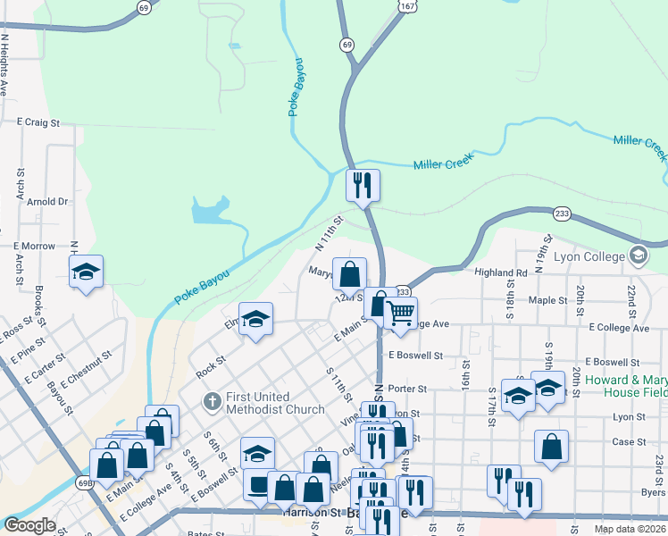 map of restaurants, bars, coffee shops, grocery stores, and more near 243 Cedarwood Drive in Batesville