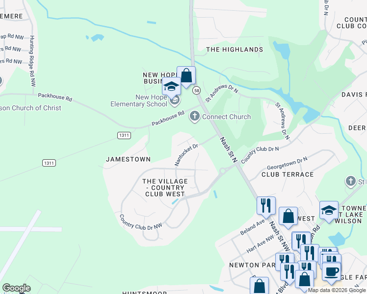 map of restaurants, bars, coffee shops, grocery stores, and more near 4608B Rochester Court Northwest in Wilson