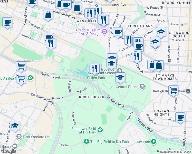 map of restaurants, bars, coffee shops, grocery stores, and more near 520 Ashe Avenue in Raleigh