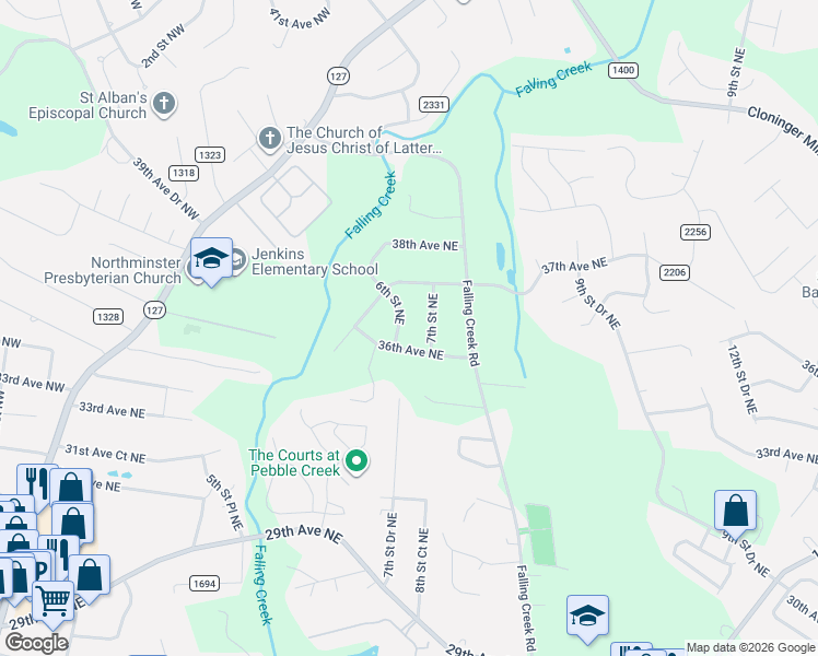 map of restaurants, bars, coffee shops, grocery stores, and more near 3641 7th Street Northeast in Hickory