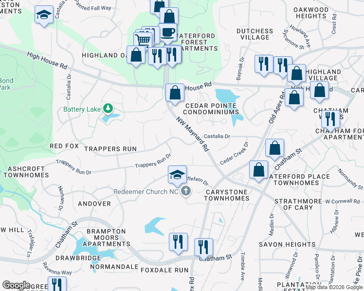 map of restaurants, bars, coffee shops, grocery stores, and more near 1007 Castalia Drive in Cary