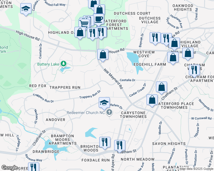 map of restaurants, bars, coffee shops, grocery stores, and more near 1007 Castalia Drive in Cary