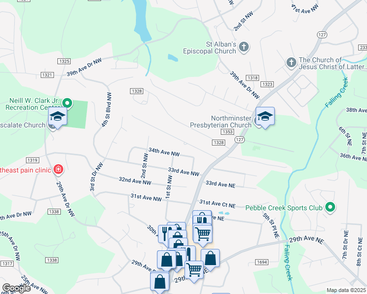 map of restaurants, bars, coffee shops, grocery stores, and more near 75 35th Avenue Northwest in Hickory