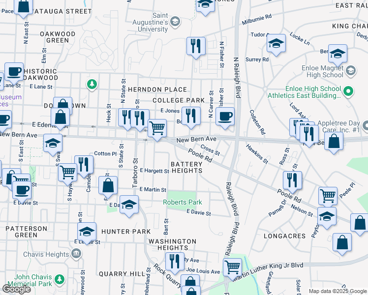 map of restaurants, bars, coffee shops, grocery stores, and more near 0 Sunbury Street in Raleigh