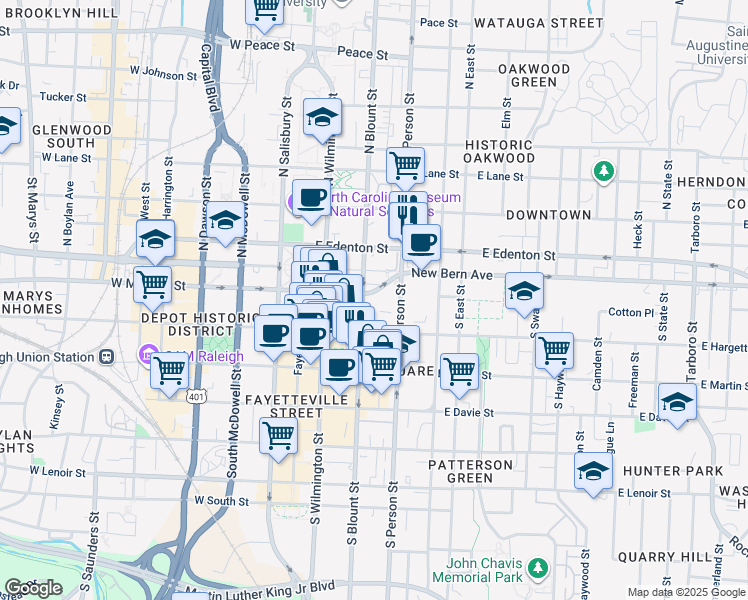 map of restaurants, bars, coffee shops, grocery stores, and more near 208 East Morgan Street in Raleigh