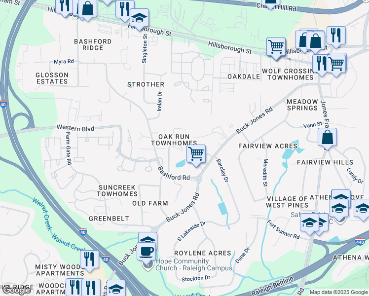 map of restaurants, bars, coffee shops, grocery stores, and more near 551 Oak Run Drive in Raleigh