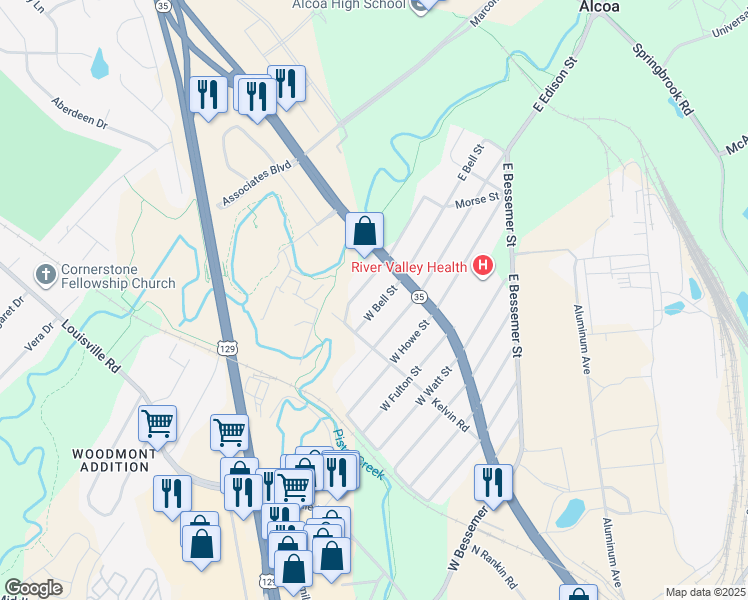 map of restaurants, bars, coffee shops, grocery stores, and more near 138 West Bell Street in Alcoa