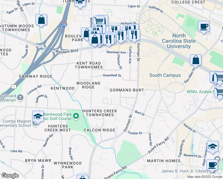 map of restaurants, bars, coffee shops, grocery stores, and more near 3923 Marcom Street in Raleigh