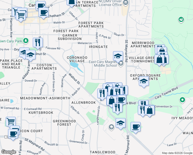 map of restaurants, bars, coffee shops, grocery stores, and more near 215 Mayodan Drive in Cary
