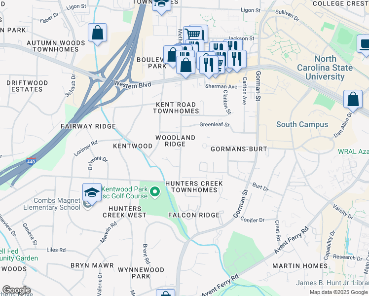 map of restaurants, bars, coffee shops, grocery stores, and more near 1317 Kent Road in Raleigh