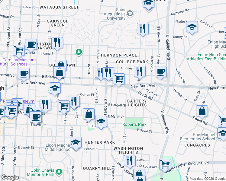 map of restaurants, bars, coffee shops, grocery stores, and more near 1210 New Bern Avenue in Raleigh