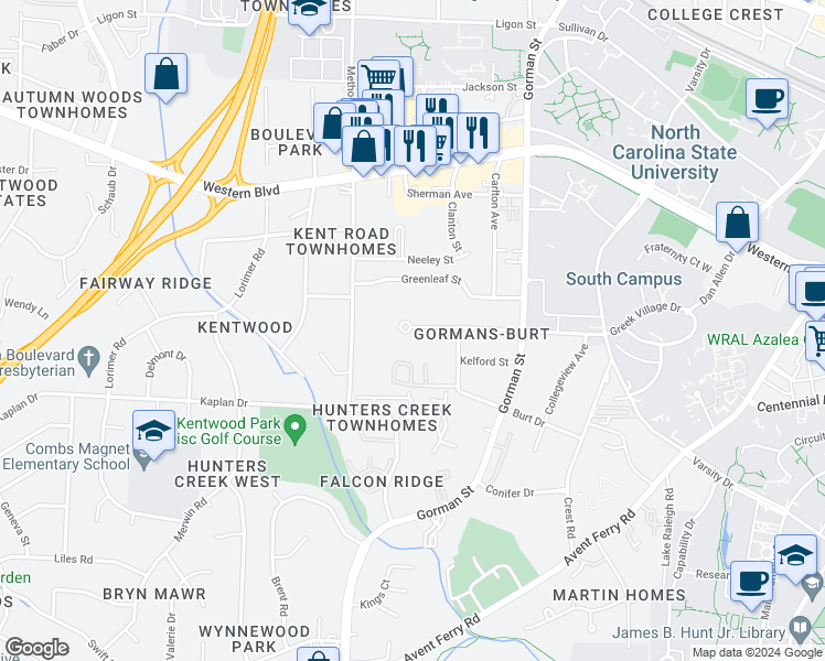map of restaurants, bars, coffee shops, grocery stores, and more near 3954 Marcom Street in Raleigh