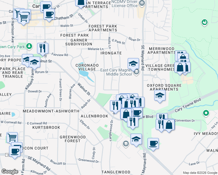 map of restaurants, bars, coffee shops, grocery stores, and more near 215 Mayodan Drive in Cary
